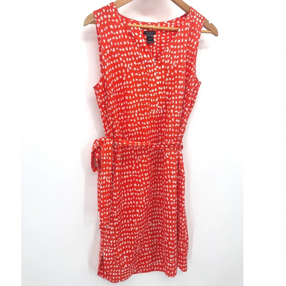 Ann Taylor Shift Womens Dress M Orange White Polka Dot Sleeveless Belted V-Neck